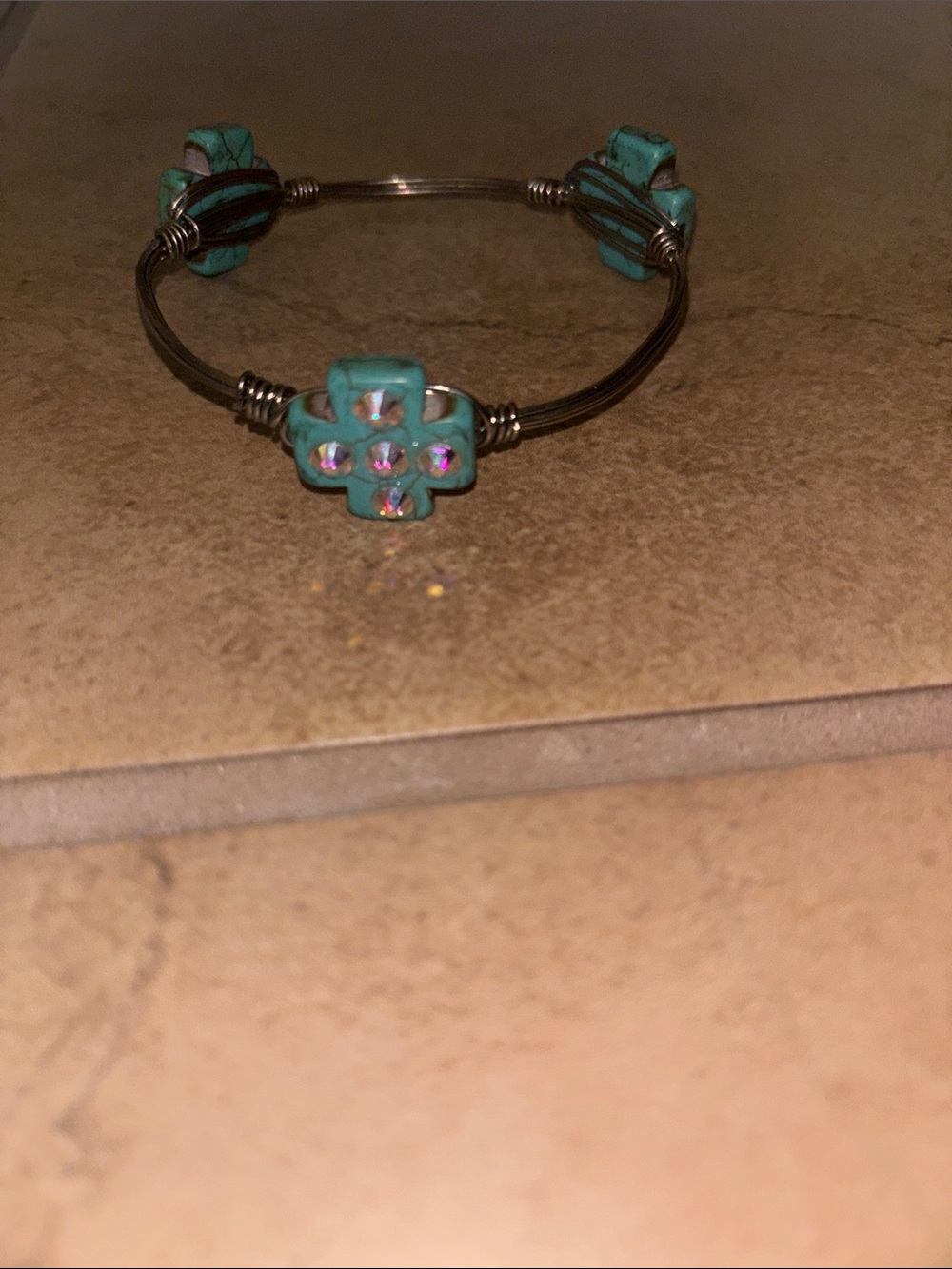 Turquoise Cross Crystal Accent Wire Cuff Bracelet